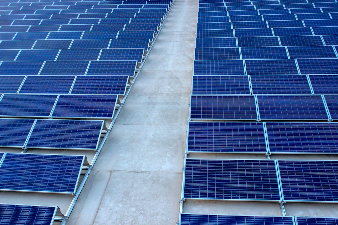 Close view of photovoltaic panel rows